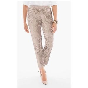 Chico's Sequin Elastic Pull On Velour Velvet Pants Champagne Tan 1.5/US 10 NEW